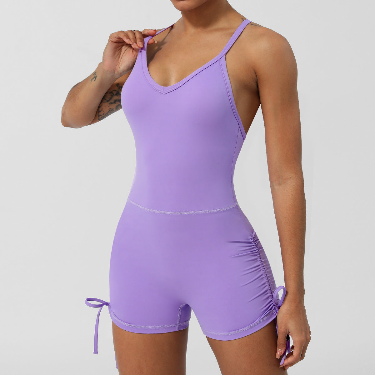 REVASTUDIO V-Neck Cross-Back Yoga Bodysuit — Built-In Bra, Slim Fit Shorts