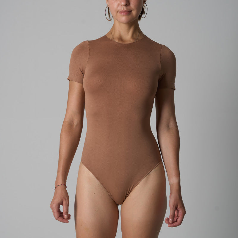 Seamless Bodysuit Short Sleeve Fitness Yoga Jumpsuit Fashion Sheer Jumpsuit