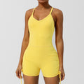 REVASTUDIO V-Neck Cross-Back Yoga Bodysuit — Built-In Bra, Slim Fit Shorts