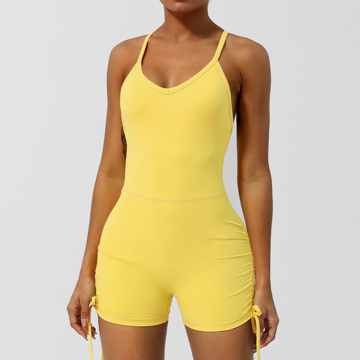 REVASTUDIO V-Neck Cross-Back Yoga Bodysuit — Built-In Bra, Slim Fit Shorts