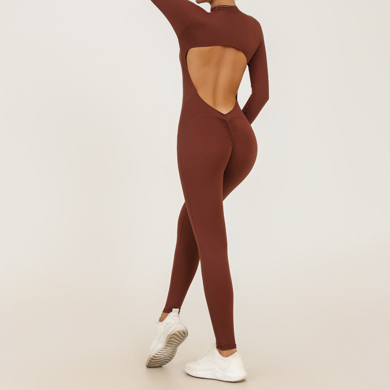 REVASTUDIO Zipper Long Sleeve Sheer Yoga Jumpsuit