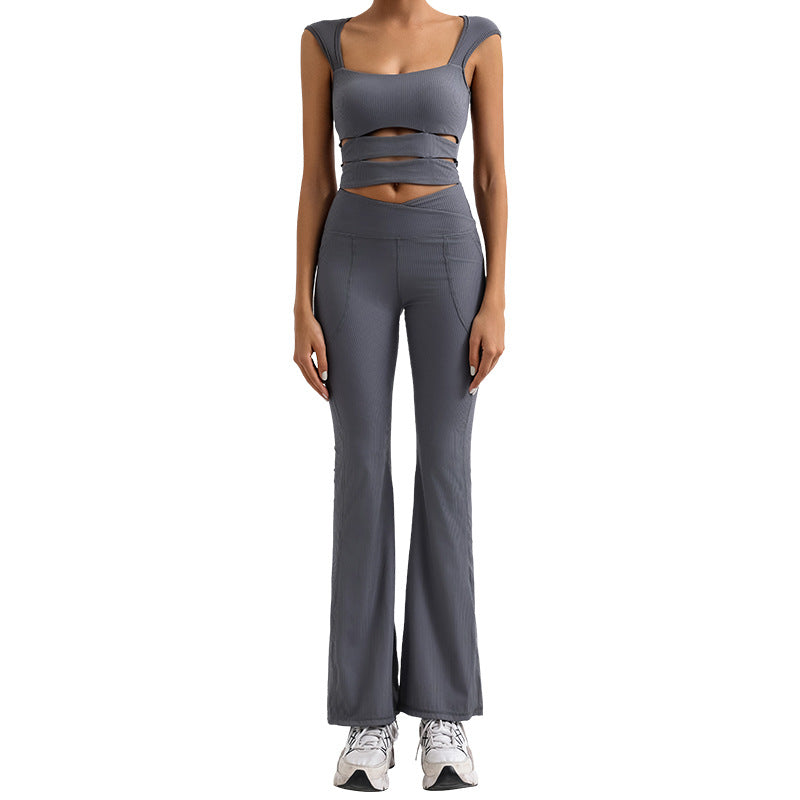 REVASTUDIO Stripe Yoga Tank Top & Flared Pants Set — Quick-Dry, Cross V-Waist