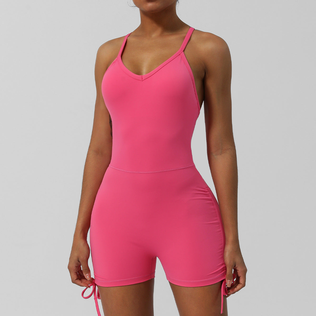 REVASTUDIO V-Neck Cross-Back Yoga Bodysuit — Built-In Bra, Slim Fit Shorts