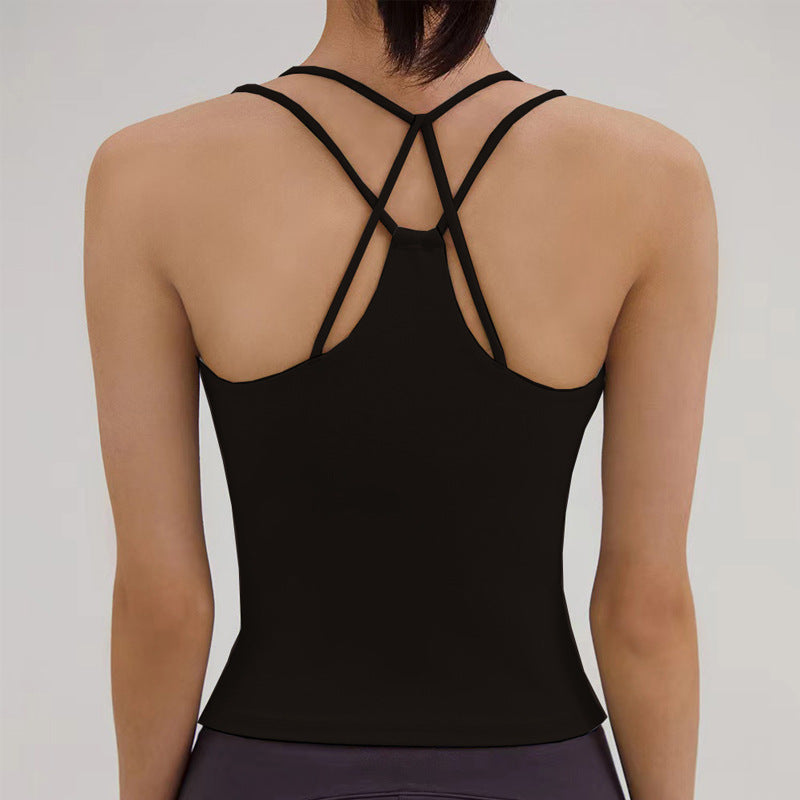 REVASTUDIO Cross-Back Yoga Tank Top — Built-In Pads & Thin Straps