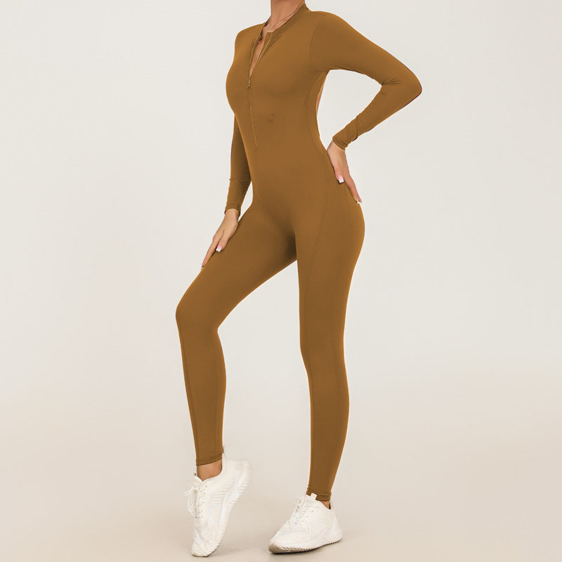 REVASTUDIO Zipper Long Sleeve Sheer Yoga Jumpsuit