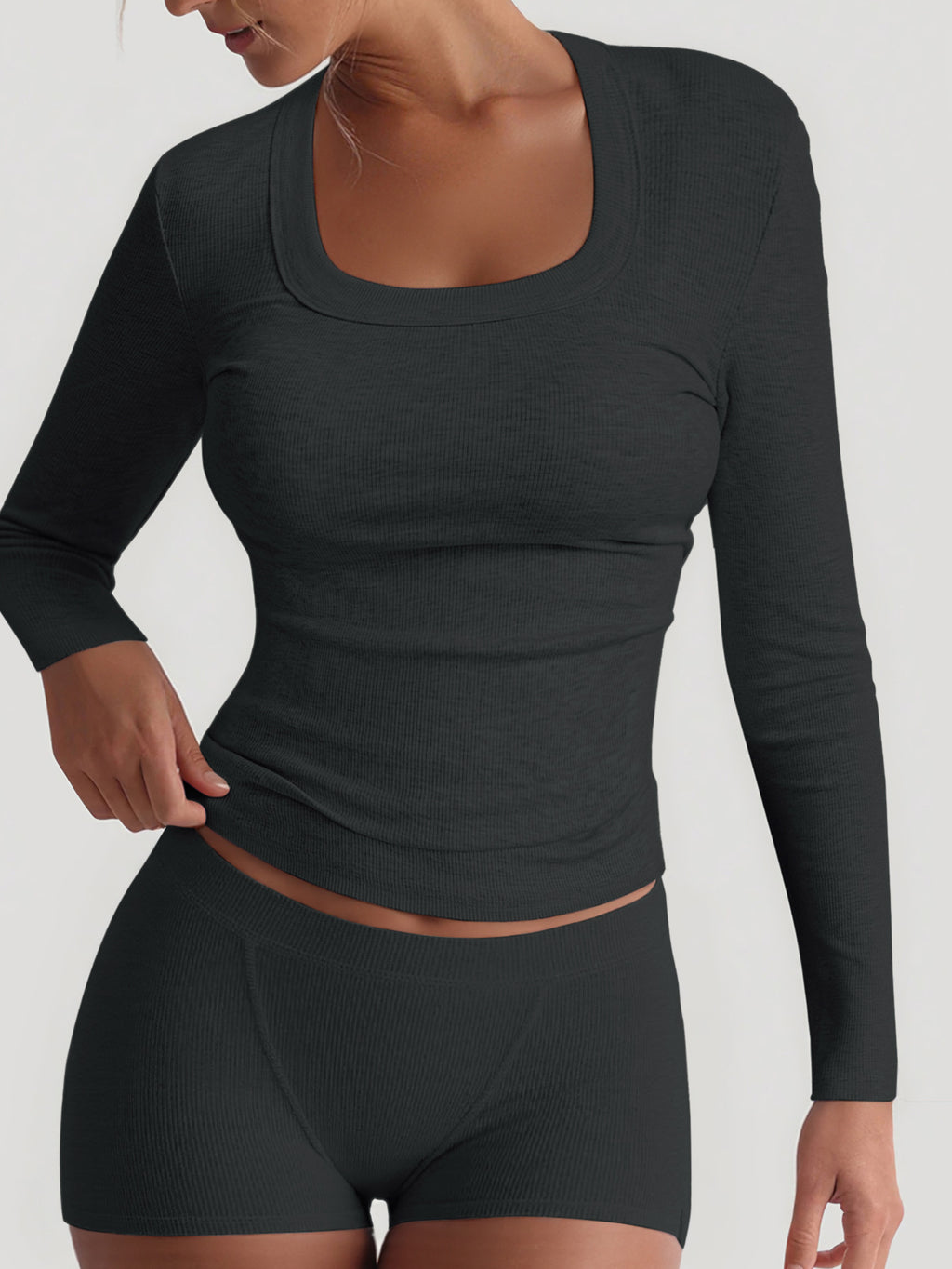 Yoga Solid Color Long Sleeve High Elasticity Short Skirt Set