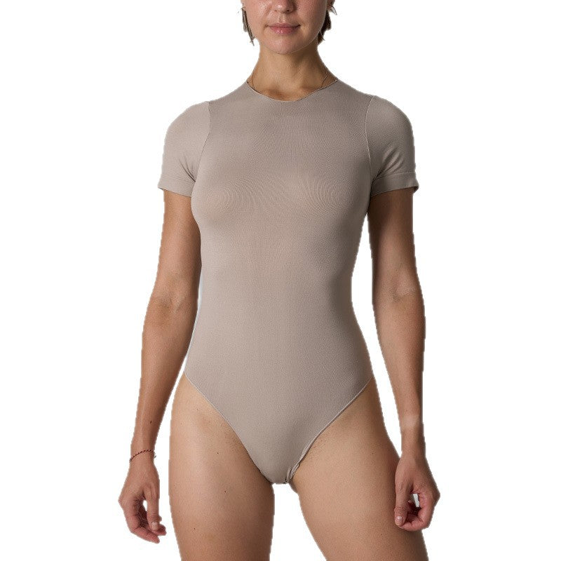 Seamless Bodysuit Short Sleeve Fitness Yoga Jumpsuit Fashion Sheer Jumpsuit