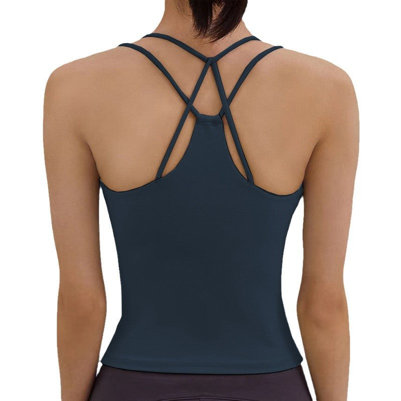 REVASTUDIO Cross-Back Yoga Tank Top — Built-In Pads & Thin Straps