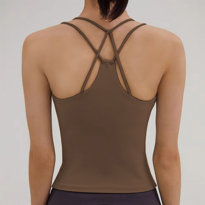 REVASTUDIO Cross-Back Yoga Tank Top — Built-In Pads & Thin Straps