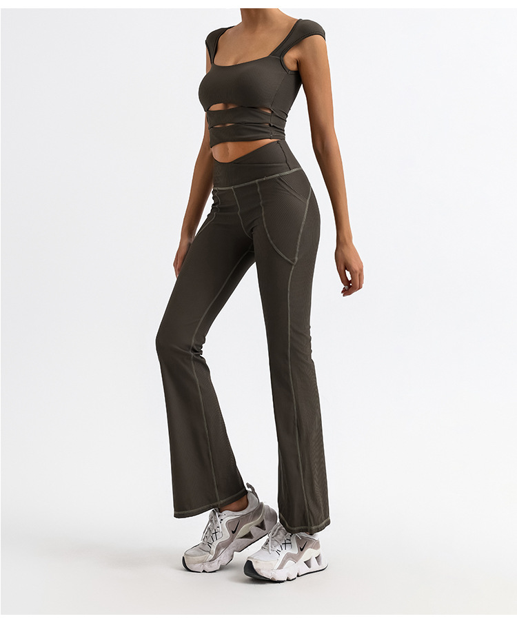 REVASTUDIO Stripe Yoga Tank Top & Flared Pants Set — Quick-Dry, Cross V-Waist