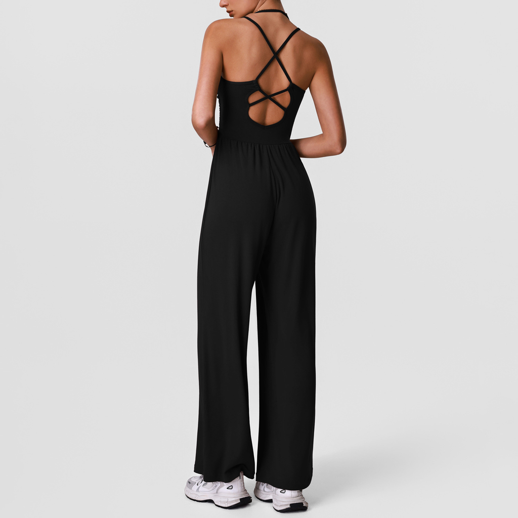 REVASTUDIO Strapless Hollow-Out Yoga Bodysuit — Wide-Leg, Padded & Slimming
