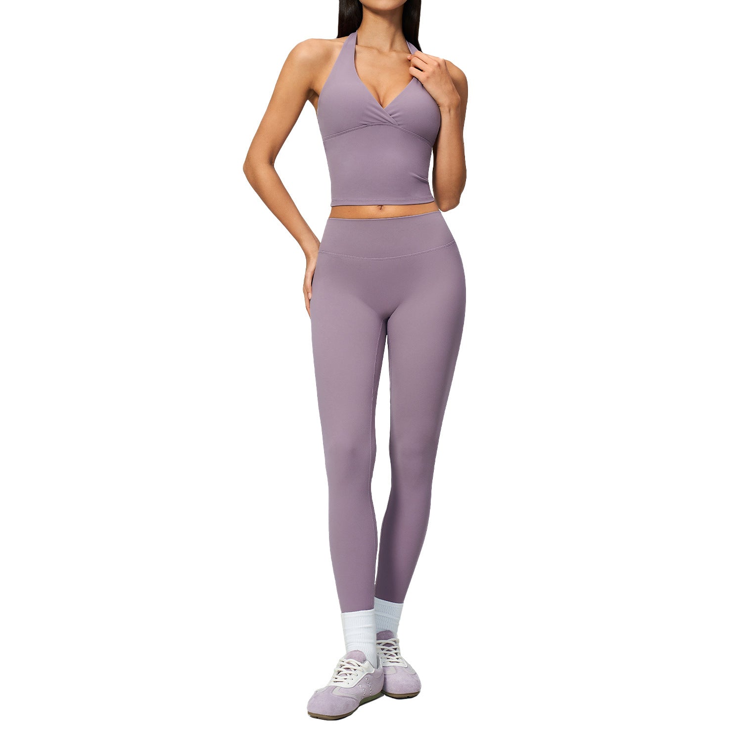 Creamy Feel Yoga Set with Fleece-Lined Deep V Neck, Strapless High Waist, Slim Fit, Butt-Lifting Workout Yoga Outfit for Women