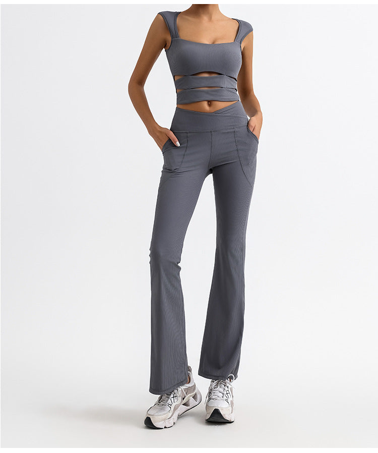 REVASTUDIO Stripe Yoga Tank Top & Flared Pants Set — Quick-Dry, Cross V-Waist