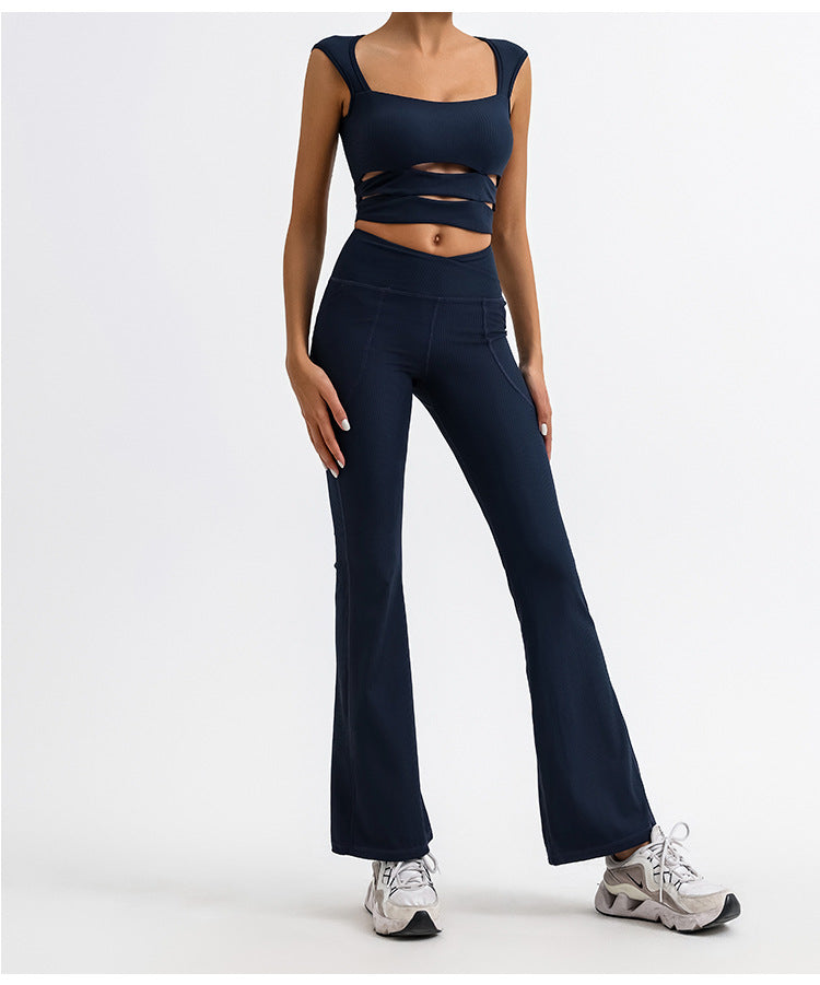 REVASTUDIO Stripe Yoga Tank Top & Flared Pants Set — Quick-Dry, Cross V-Waist