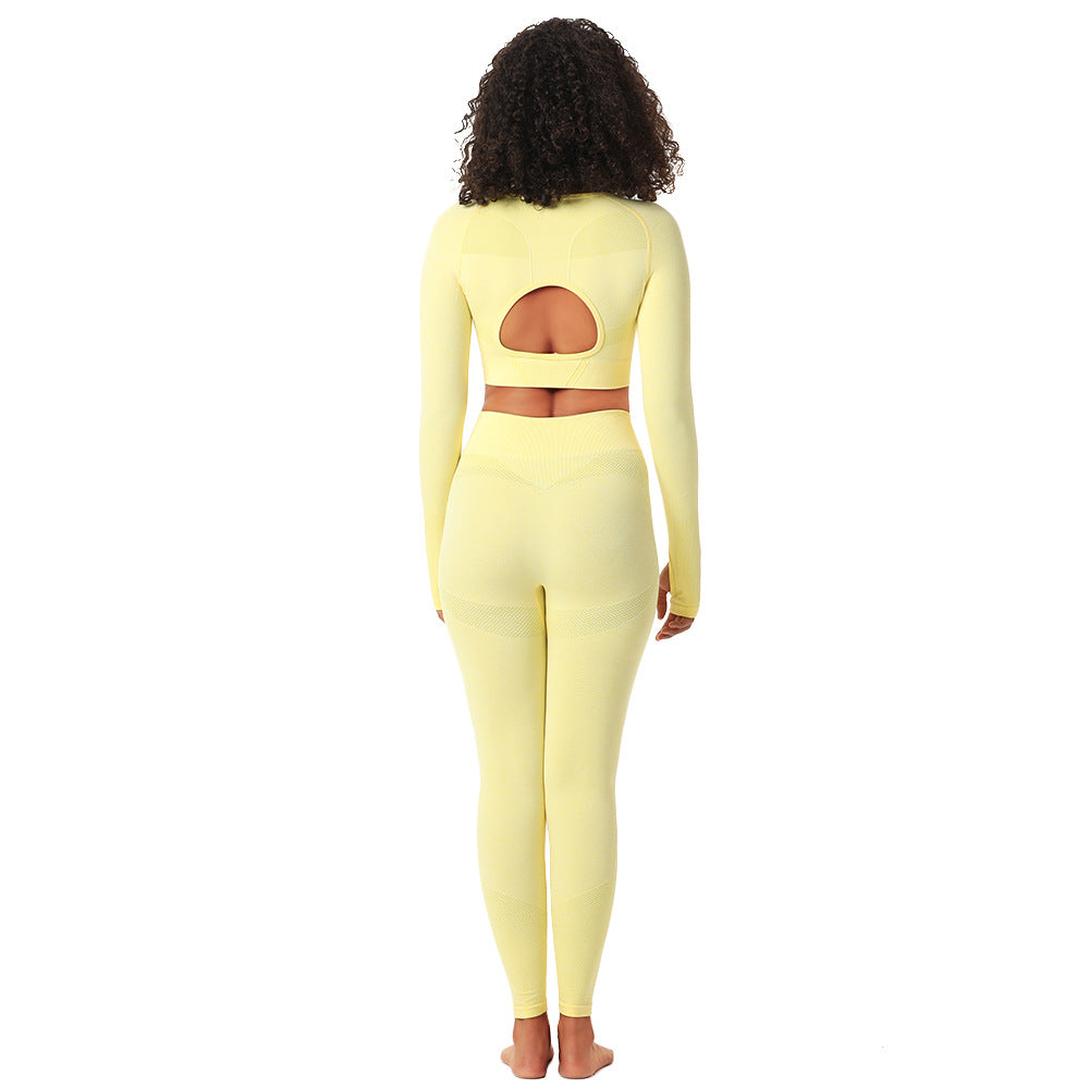 Women's Sports Running Hollow Workout Clothes Solid Color Yoga Clothes Long Sleeve Yoga Suit