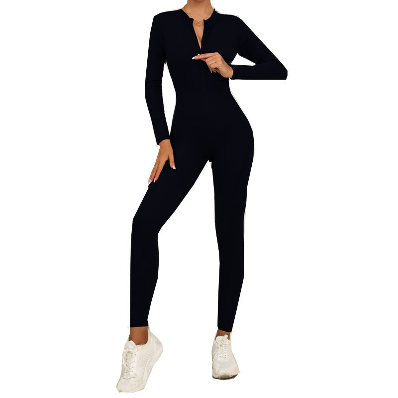 REVASTUDIO Zipper Long Sleeve Sheer Yoga Jumpsuit