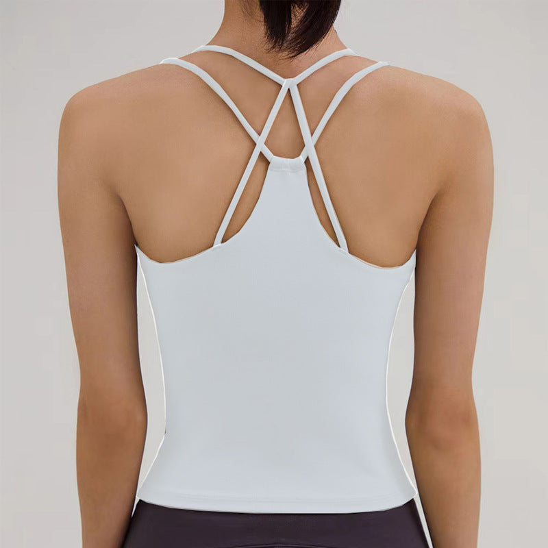 REVASTUDIO Cross-Back Yoga Tank Top — Built-In Pads & Thin Straps