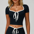 Color Block Yoga Suit Women V-Neck Fitted Yoga Top Outdoor Running Fitness Sports Top
