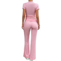 Yoga style solid color short sleeved wide leg pants set