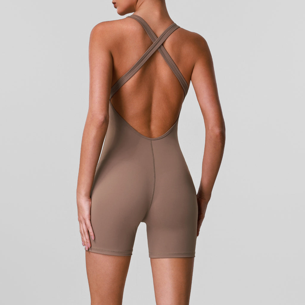 V-neck Yoga Bodysuit with Built-in Bra, High-Waisted Butt-Lifting Fitness Shorts, Backless Workout Bodysuit, Yoga Suit