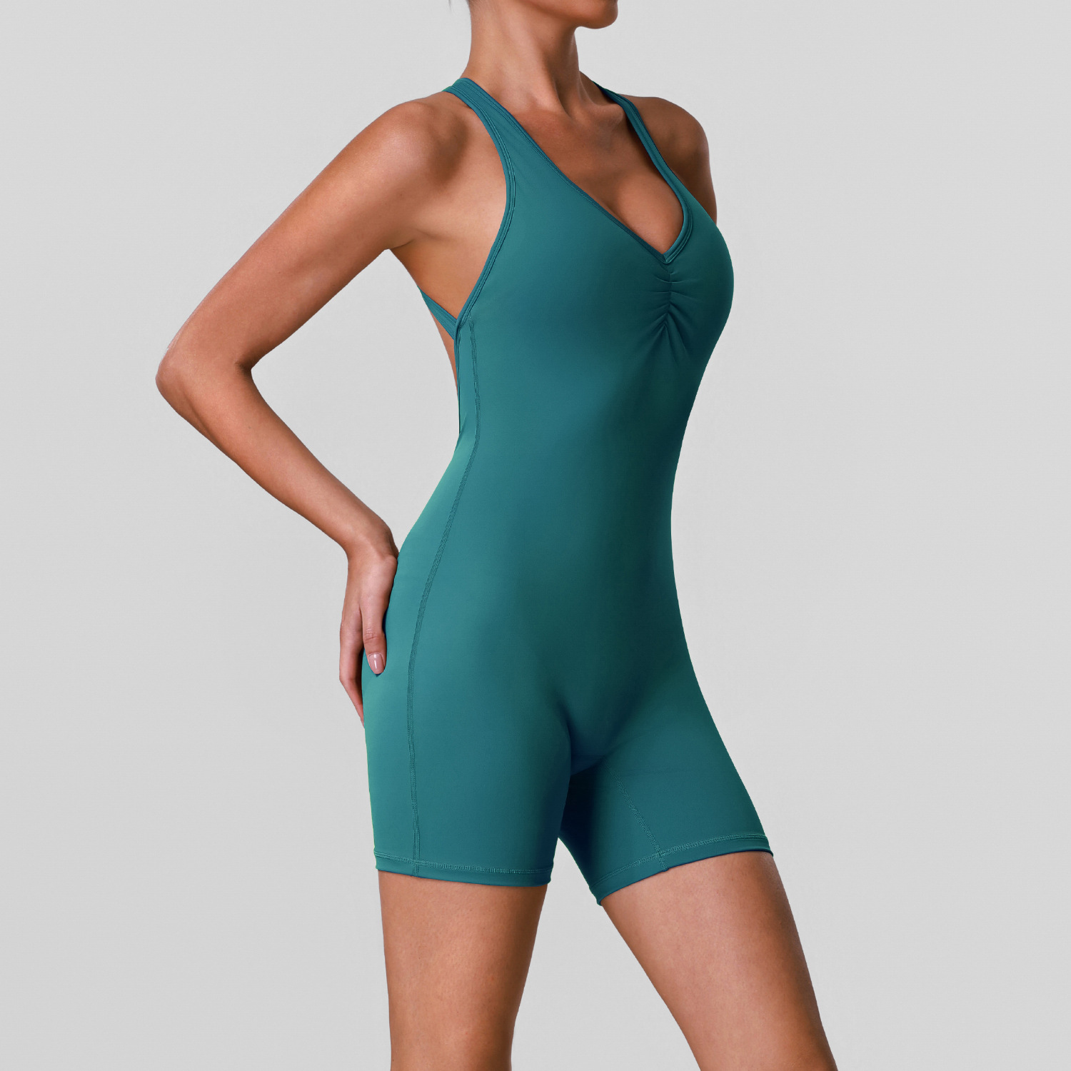 V-neck Yoga Bodysuit with Built-in Bra, High-Waisted Butt-Lifting Fitness Shorts, Backless Workout Bodysuit, Yoga Suit